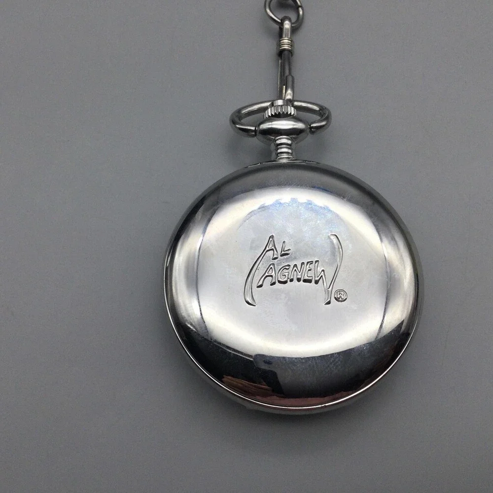 Al Agnew Bass Fish Pocket Watch Men 45mm Silver Tone Full Hunter New Battery